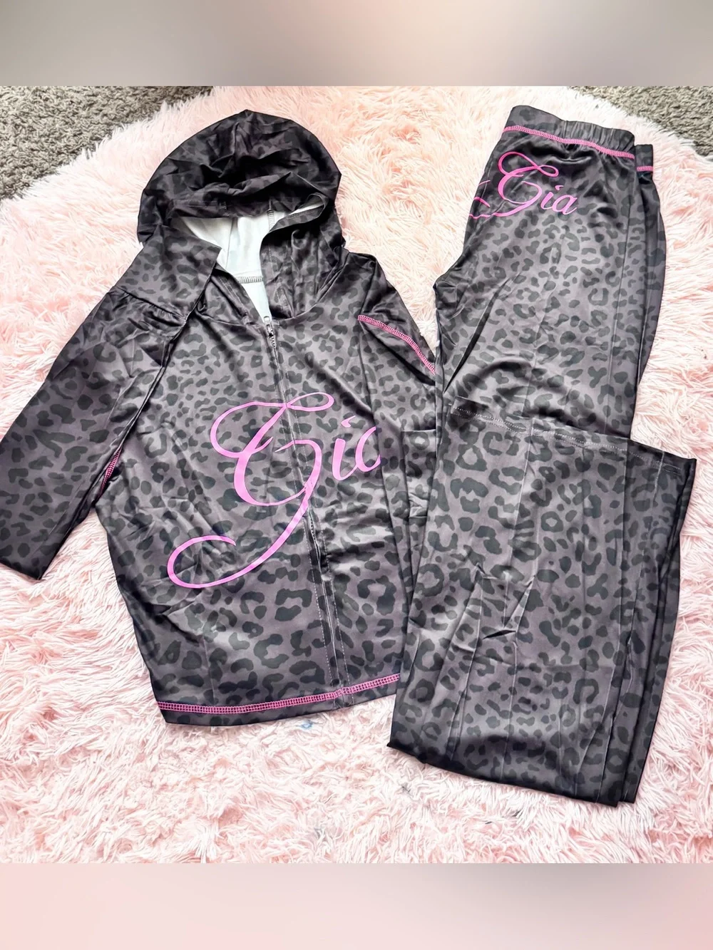 Girls Black Leopard Print Hoodie & Pants Pajama Set with Pink Script